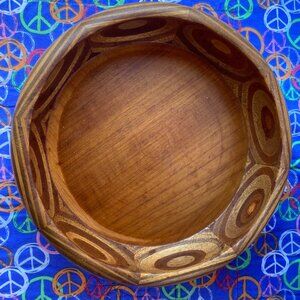 Vintage Mid Century Multitone Turned Tropical Wood Display Bowl Hand Crafted